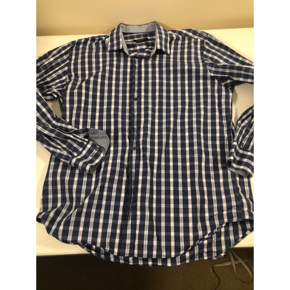 Bugatchi Men's XL 100% Cotton Long Sleeve Blue Plaid Button Up Shirt Preppy Work